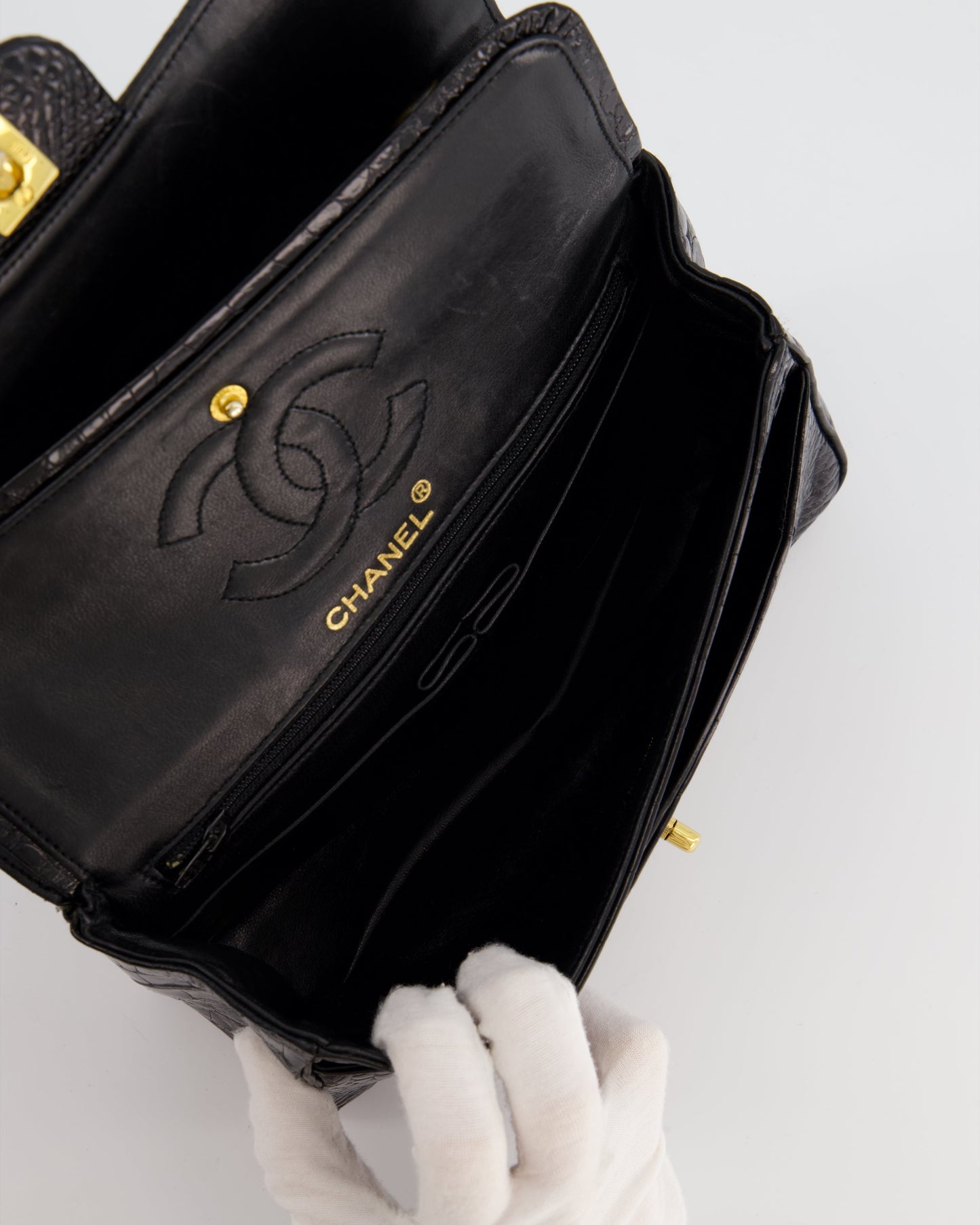 *RARE* Chanel Black Classic Flap Bag in Shiny Crocodile Leather with 24K Gold Hardware