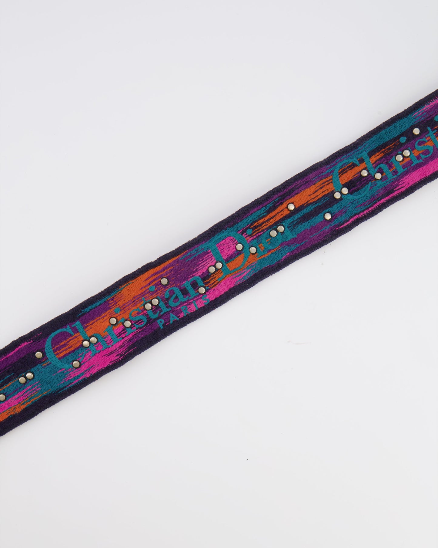 Christian Dior Black and Multi-Colour Embroidered Canvas Bag Strap with Silver Studs and Gold Clasps