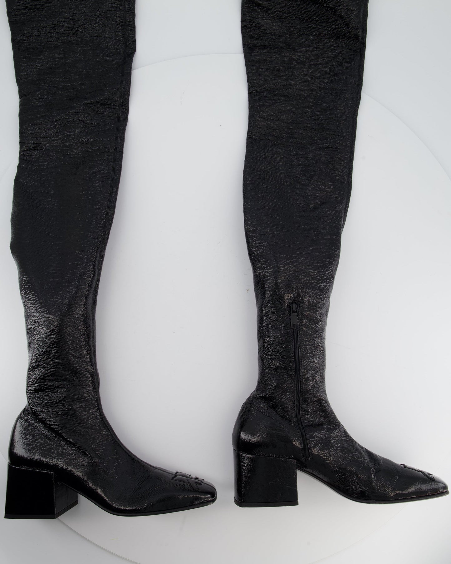 Courr�ges Black Patent Knee High Logo Boots Size EU 39