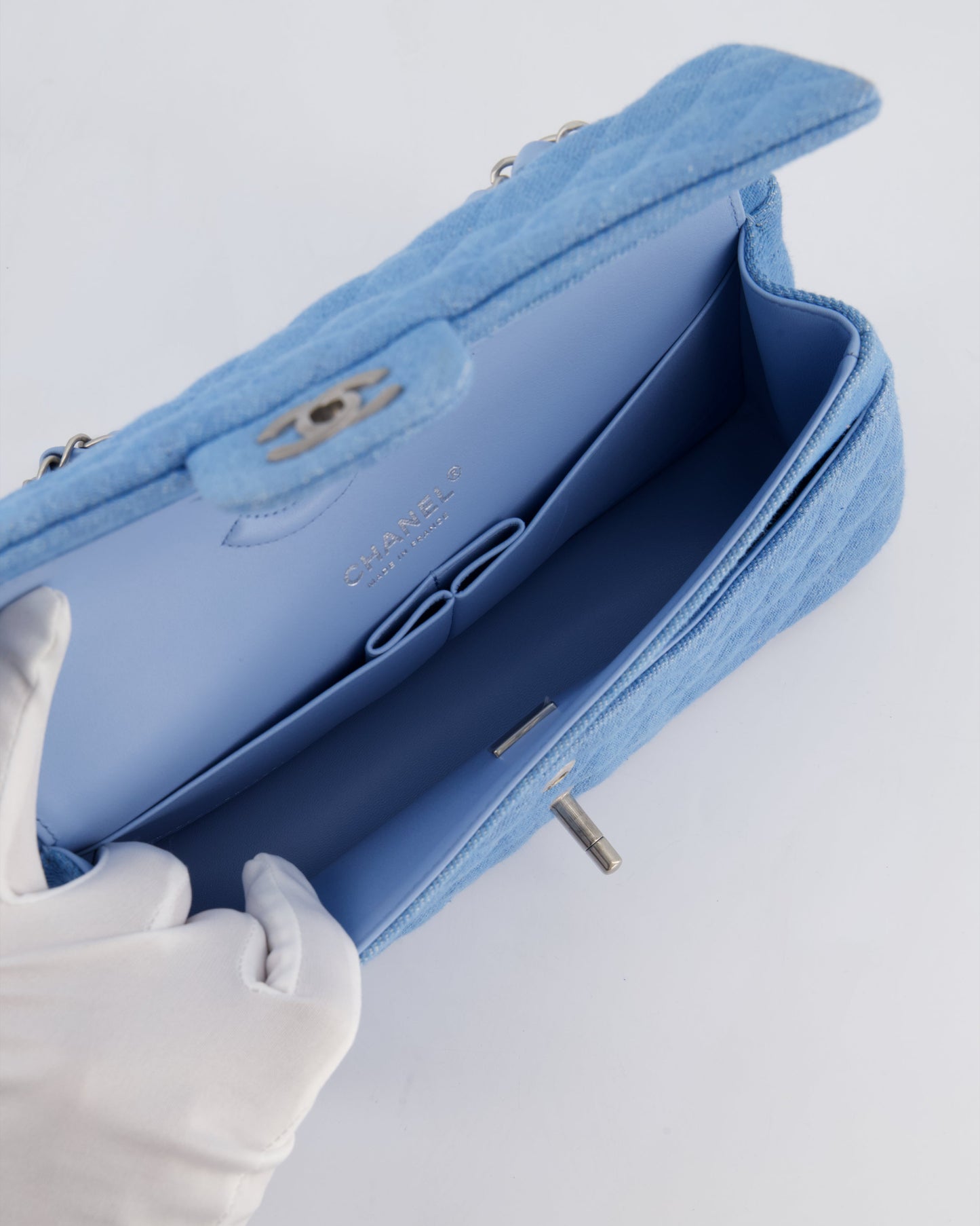 Chanel 25C Medium Double Flap Bag in Light Blue Denim with Brushed Silver Hardware