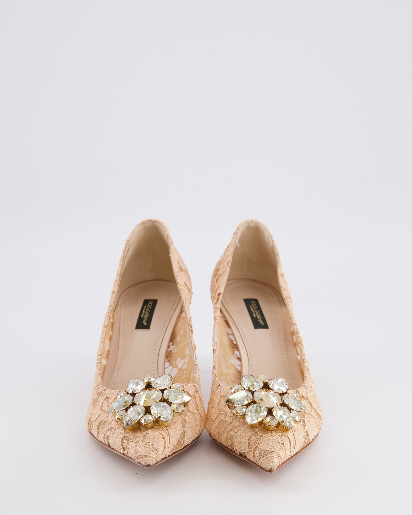 Dolce & Gabbana Blush Pink Bellucci Taormina Lace Heeled Pumps with Crystal Buckle Size EU 38.5