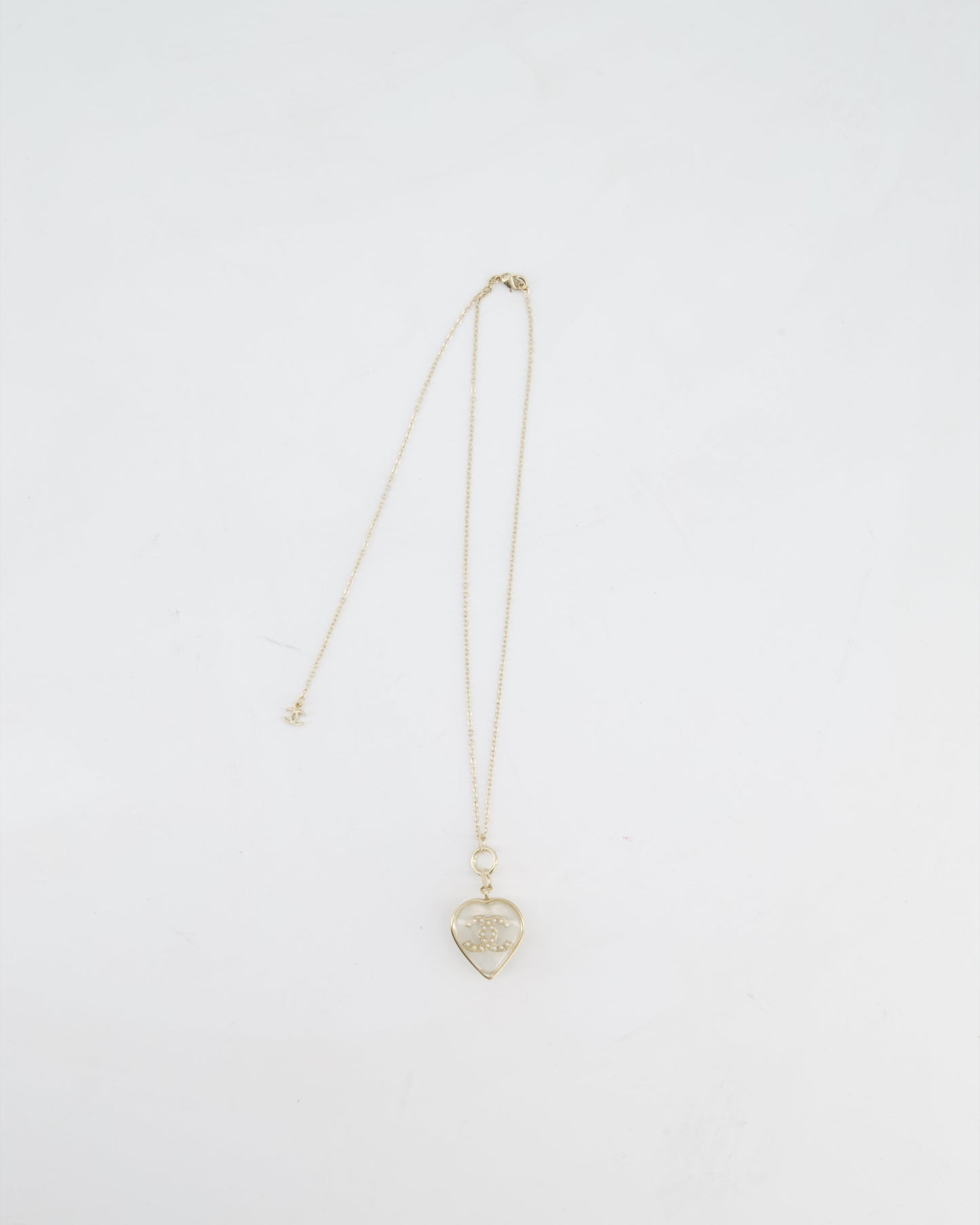Chanel 16/P Gold CC Coco Heart Resin Pendant Chain Necklace with Pearl Details