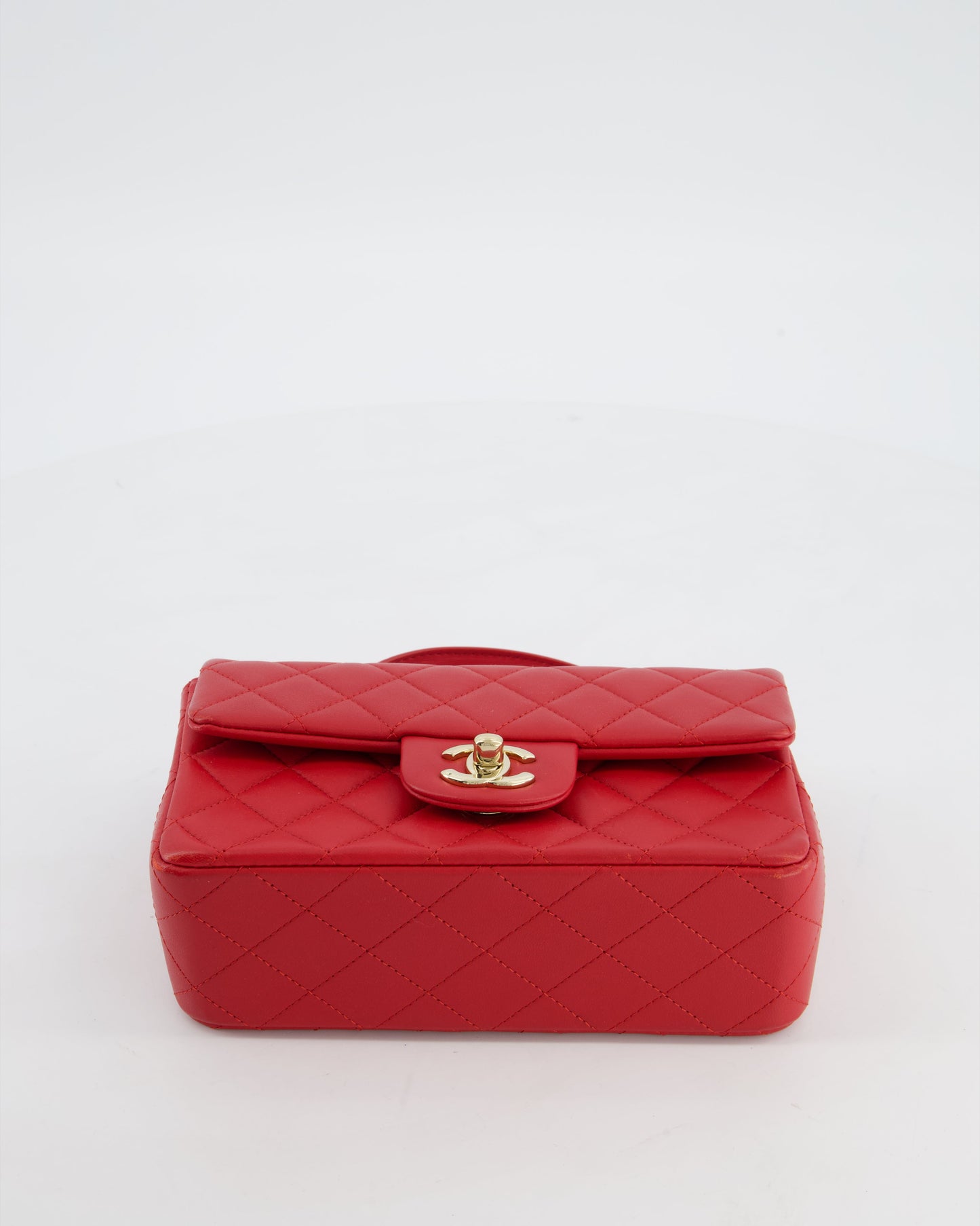Chanel Mini Rectangular Top Handle Bag in Cherry Red Lambskin Leather with Champagne Gold Hardware