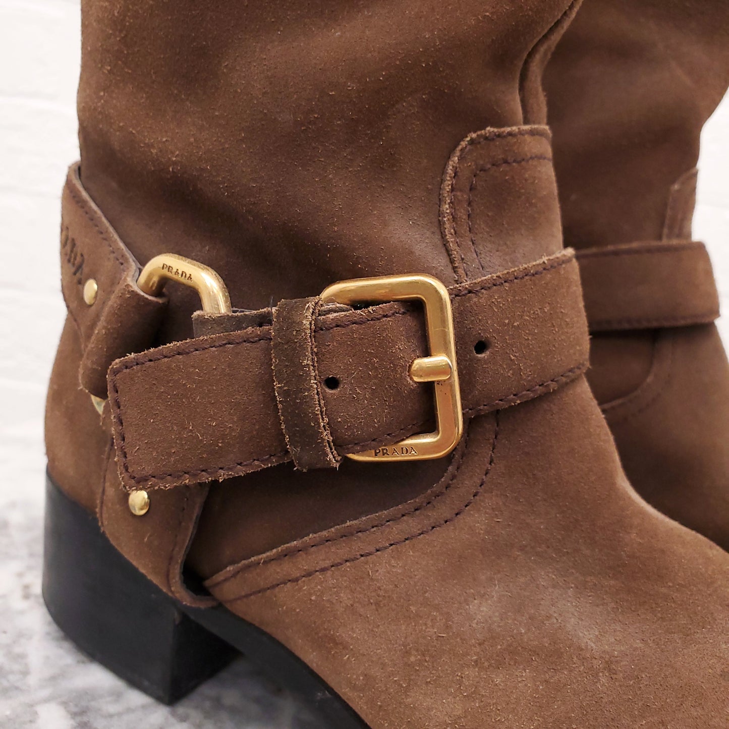 PRADA SUEDE MOTO BOOT WITH LOGO - SIZE 38.5