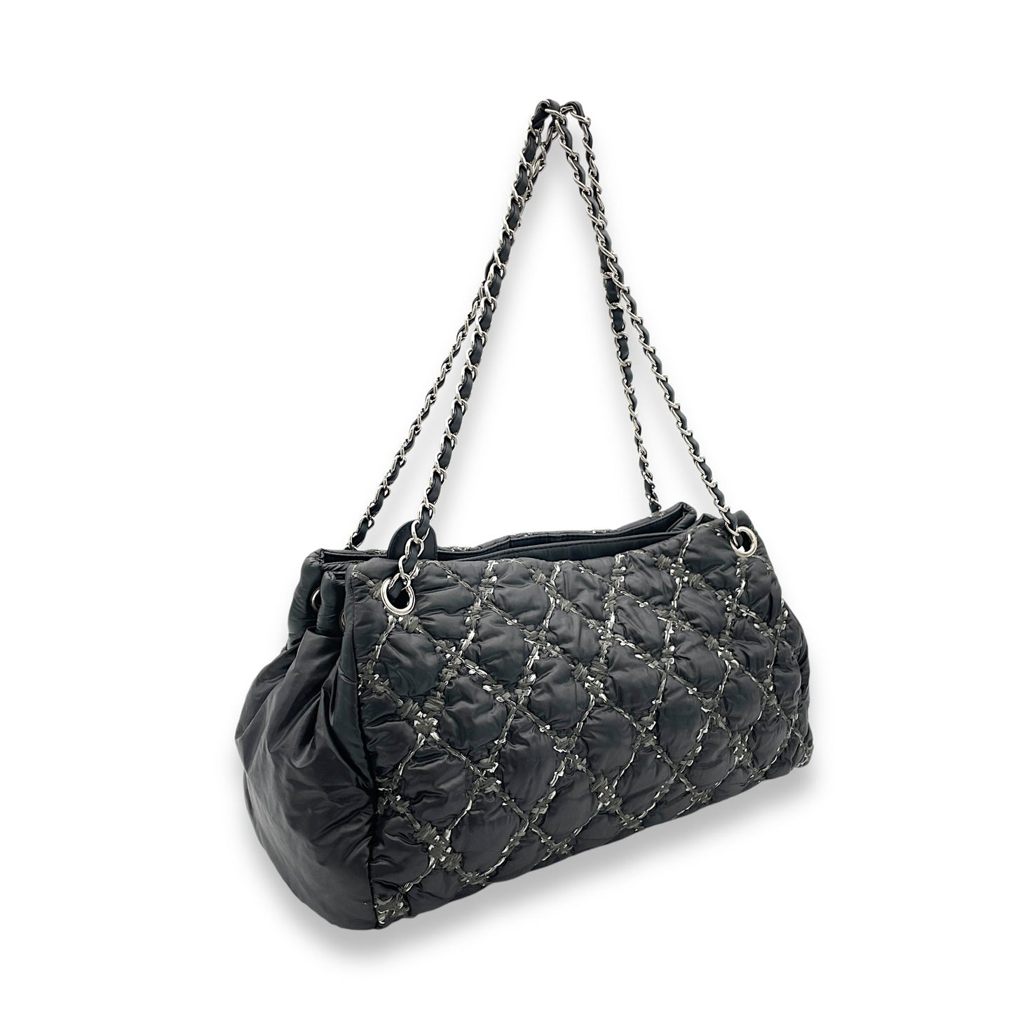 Chanel Nylon Quilted Tweed Stitch Bubble Black Shoulder Bag in Nylon, Silver hardware