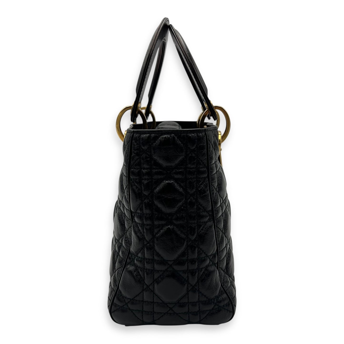 Lady Dior Medium Black Top Handle Bag in Crinkled Patent Leather, Gold hardware