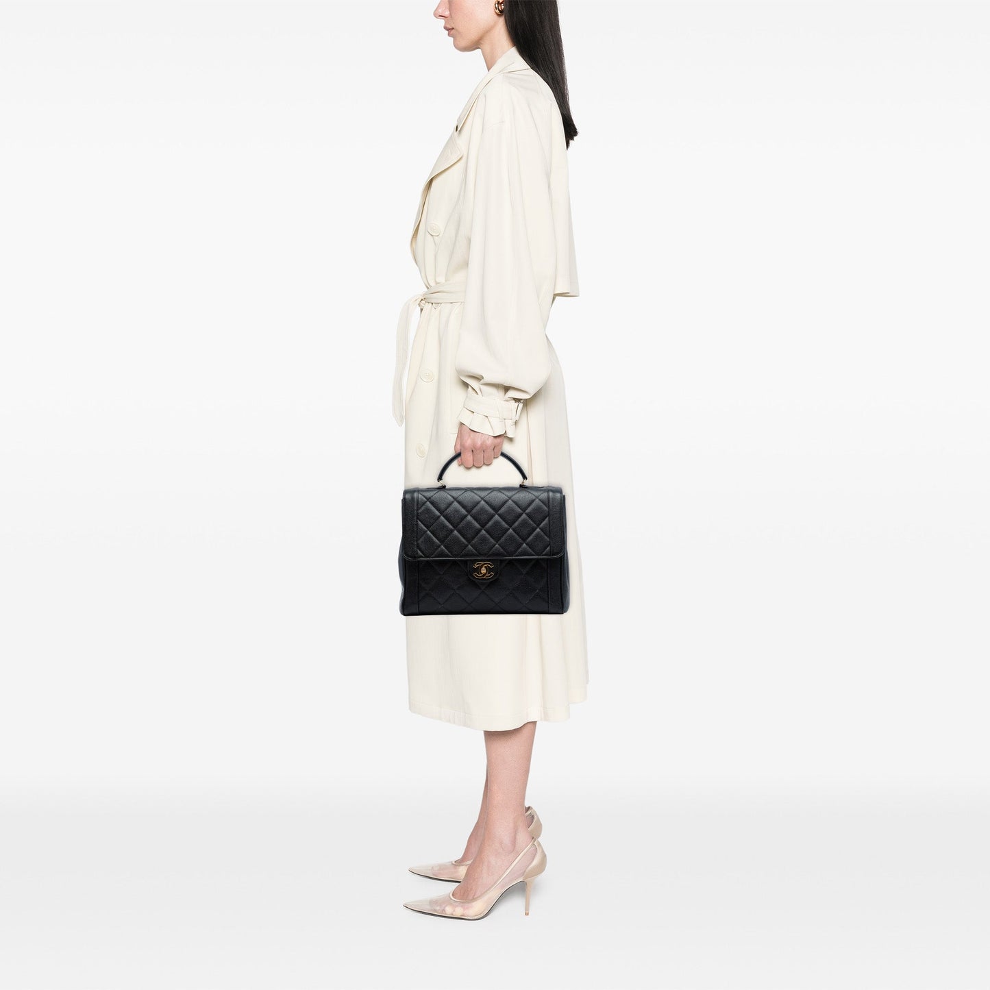 Black Chanel Jumbo CC Quilted Caviar Kelly Top Handle Bag
