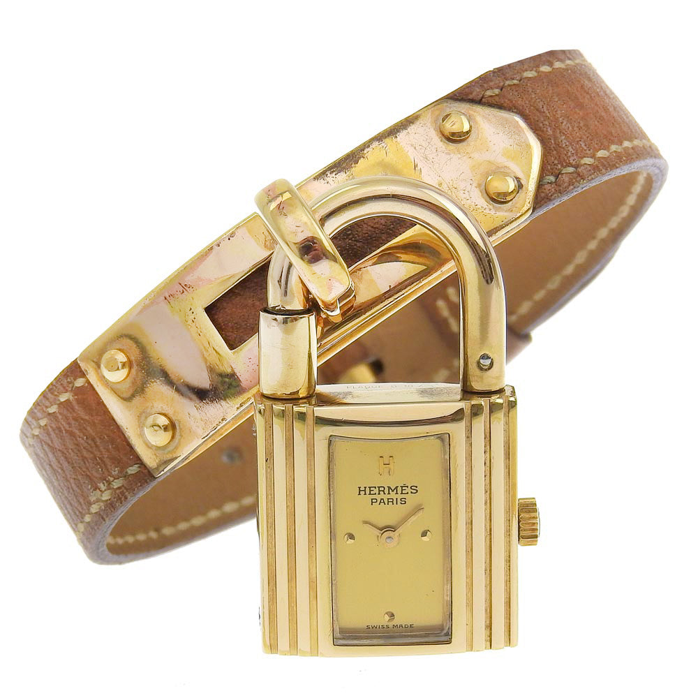 HERMES Watches Quartz Plated Gold , Leather gold vintage Kelly watch gold dial Women d