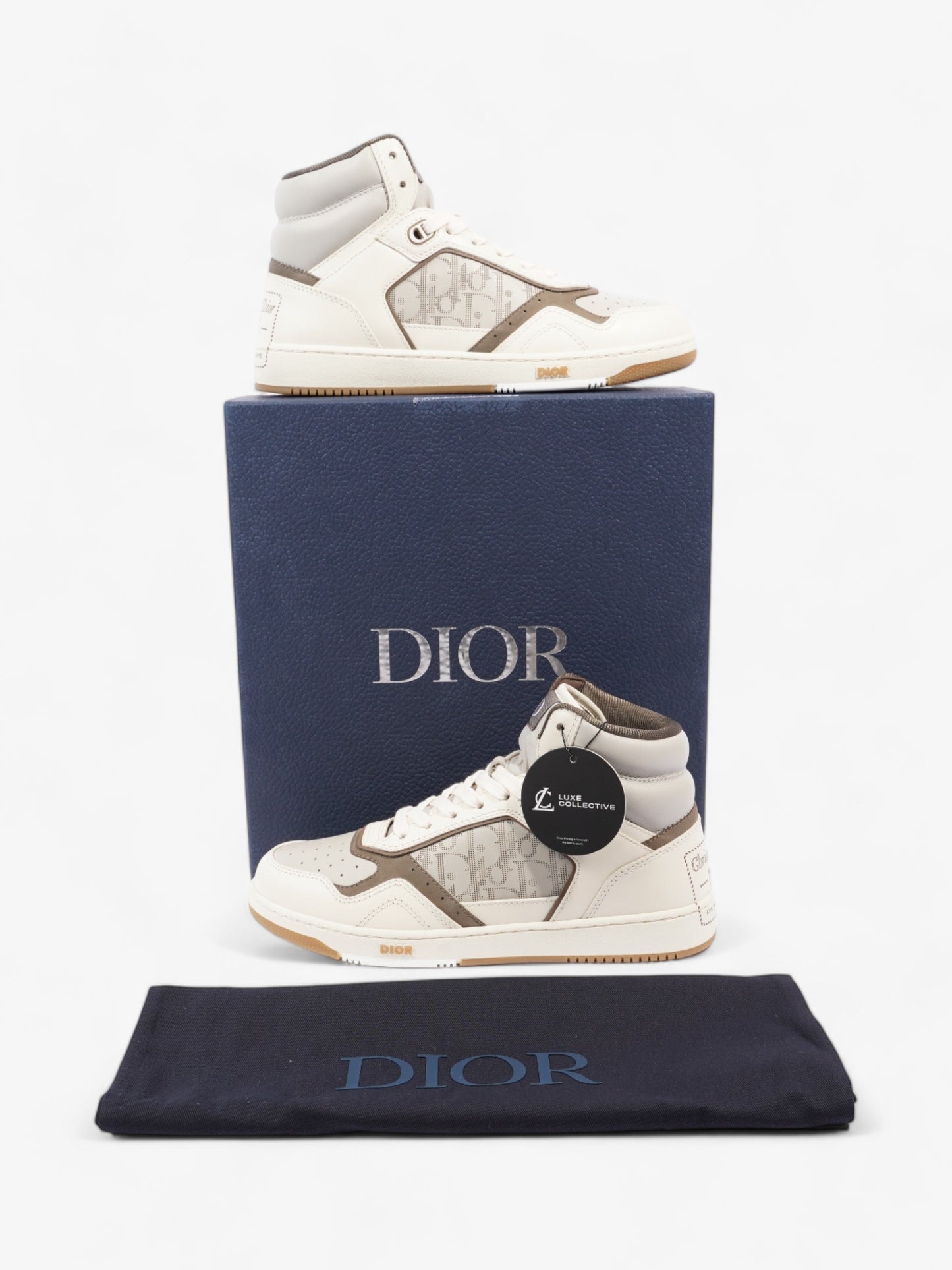 Christian Dior B27 High Top Sneakers White / Grey / Brown Leather EU 40 UK 6