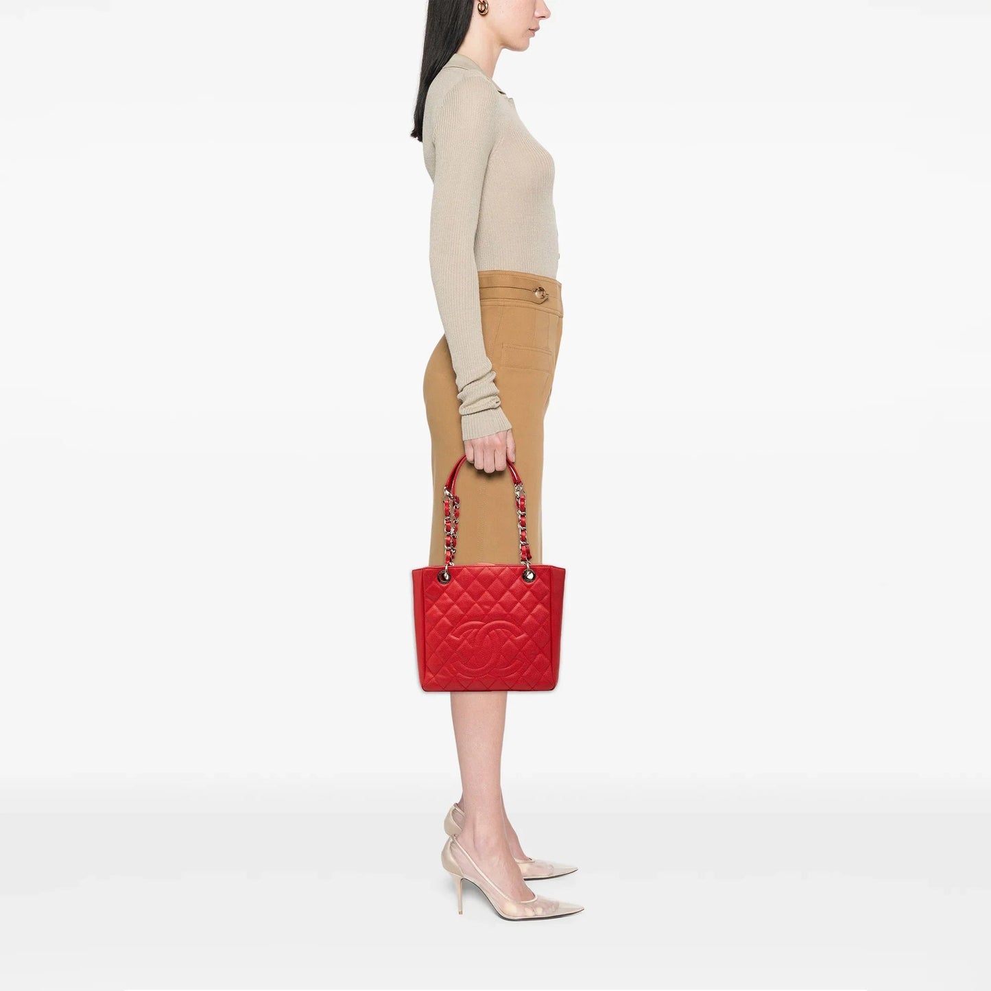Red Chanel Caviar Petite Shopping Tote