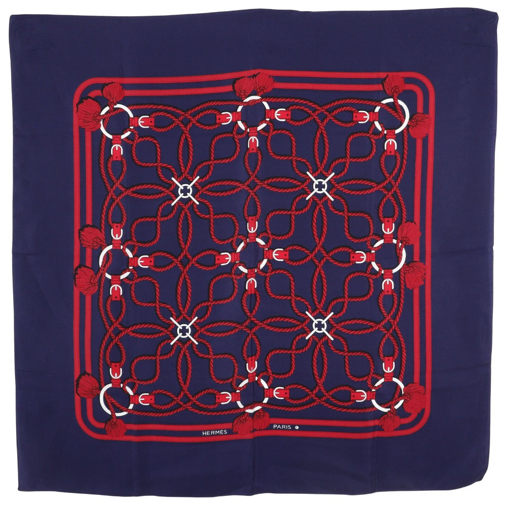 HERMES scarf silk Navy blue / red Rope Pattern Carre Women d