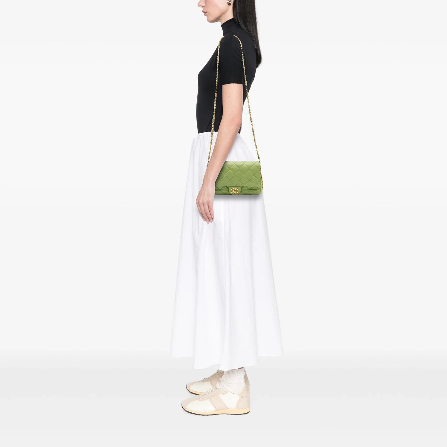 Green Chanel Quilted Lambskin Double CC Chain Around Flap Crossbody Bag