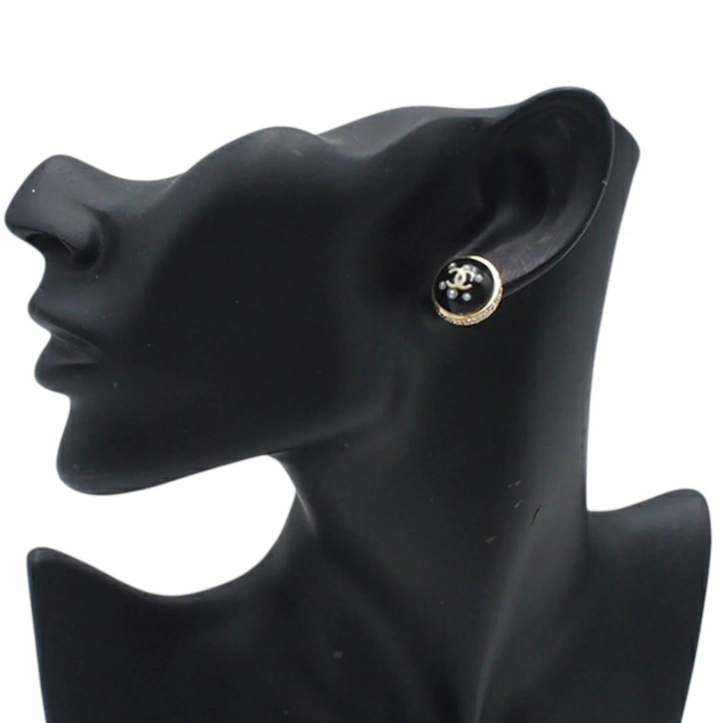Black Chanel Gold Plated CC Resin Faux Pearl Crystal Dome Bullet Back Earrings