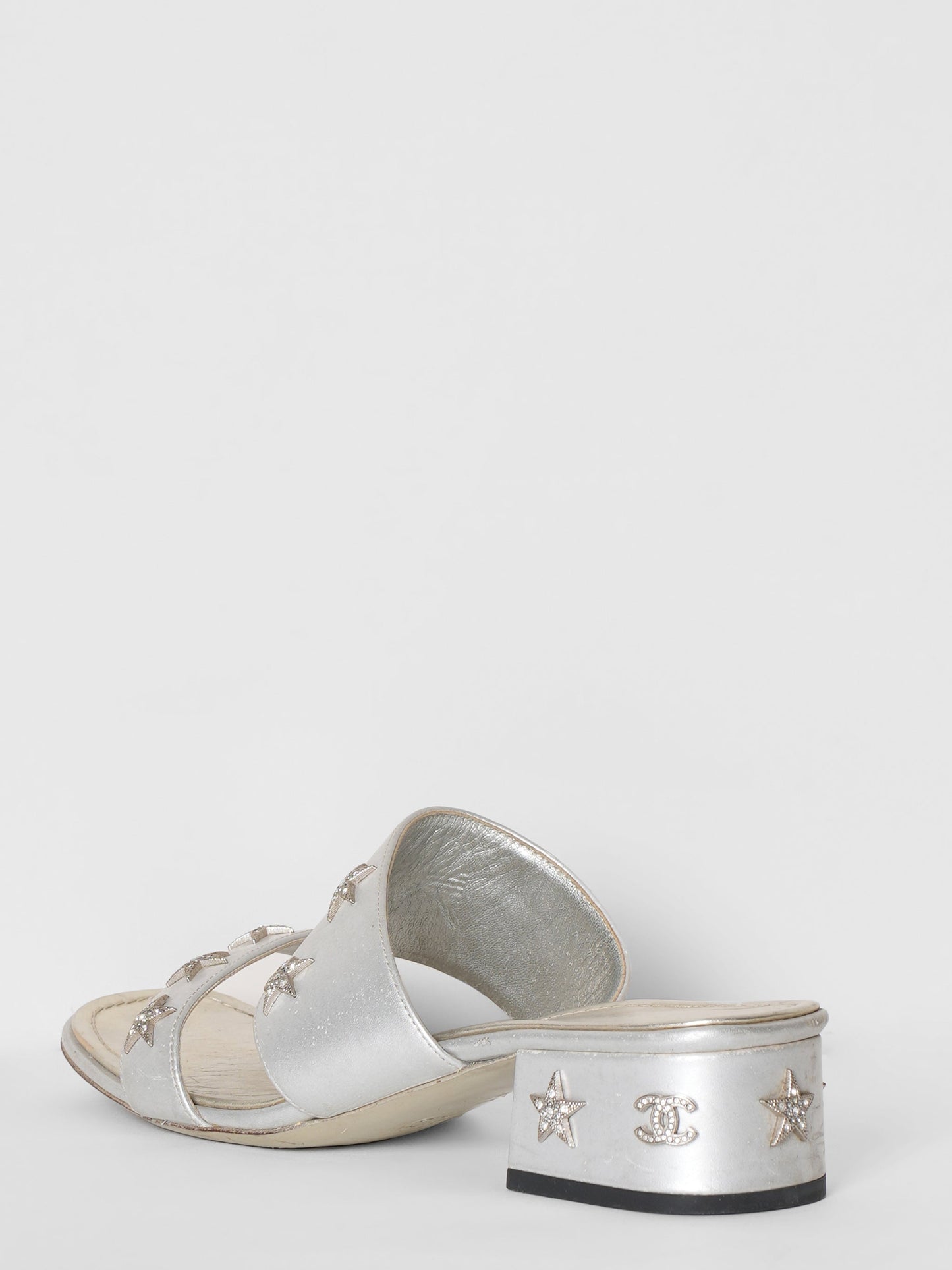 Chanel Silver Leather Embellished Crystal Star Mules