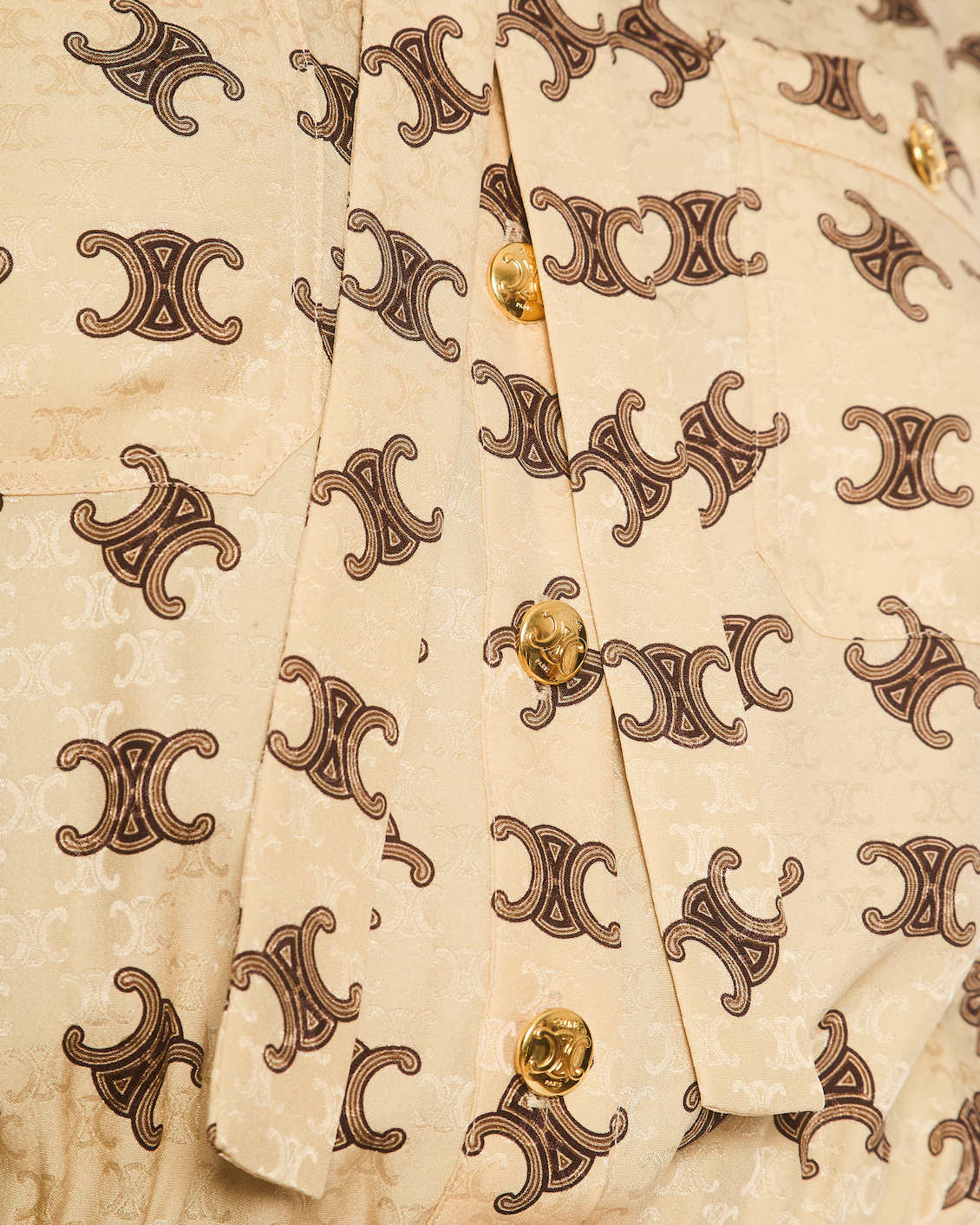 Celine Beige and Brown Arc de Triomphe Printed Mid-Length Dress with Lapel Detail Size FR 34 (UK 6)