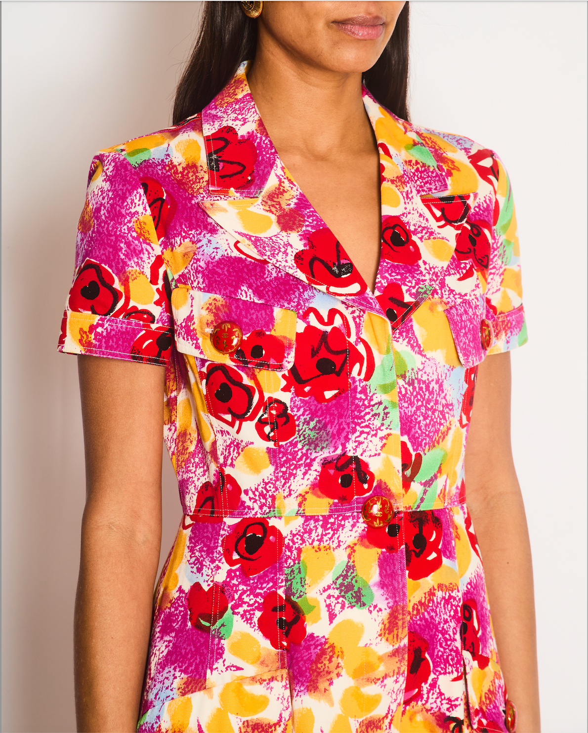 Chanel 97P Pink Multi-Colour Short Sleeved Mini Dress with Camelia Prints and Gold CC Buttons Size FR 40 (UK 12)