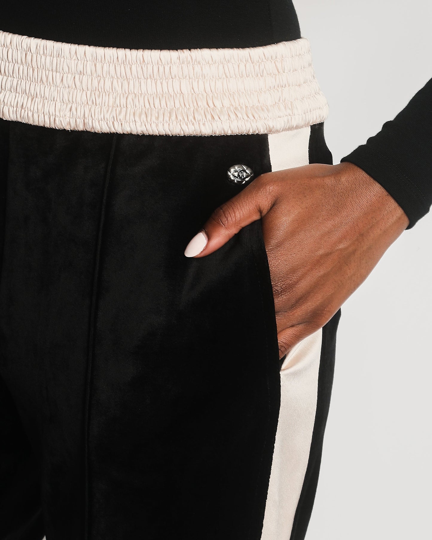 Chanel Black Velvet & Cream Satin Tracksuit Tro rs with Elasticated Waist, Logo & Zips Detail Size FR 38 (UK 10)