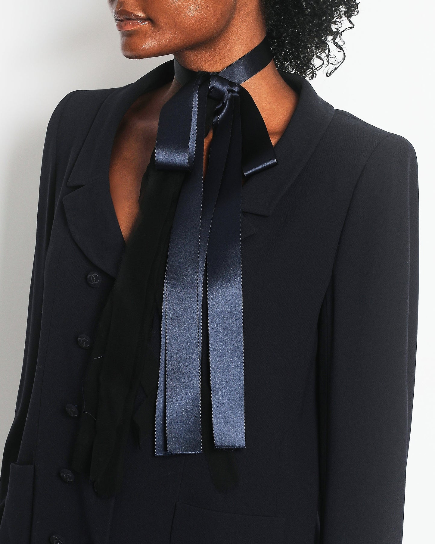 Chanel 98/P Navy Jacket with CC Logo Button Detail and Silk Bow Detail Size FR 38 (UK 10)