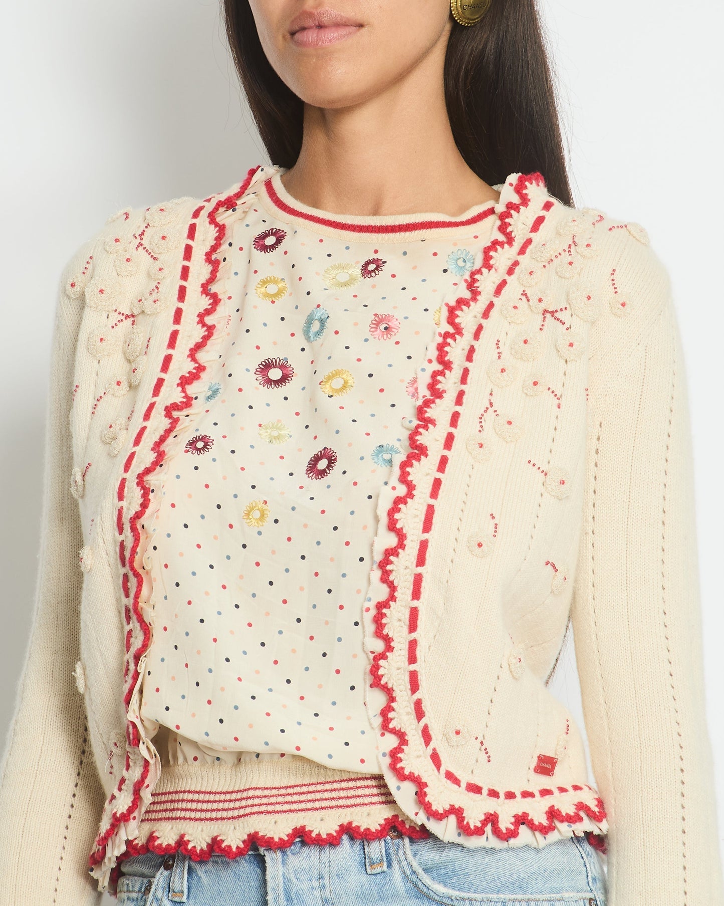 Chanel 05/C Ivory and Red igan Top Set with Eyelet and Crochet Detail FR 38 (UK 10)