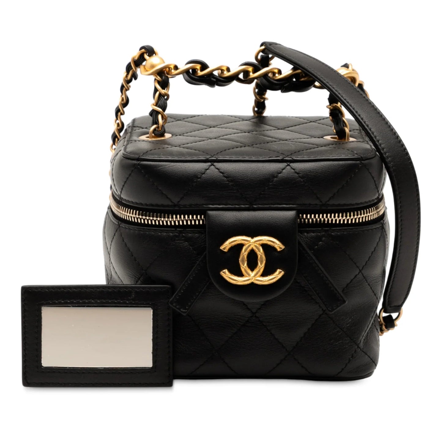 Black Chanel CC Quilted Calfskin Chain Top Handle Vanity Case on Strap Satchel
