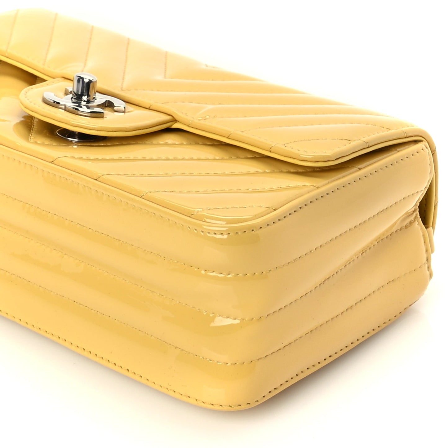 Chanel Patent Chevron Quilted Mini Rectangular Flap Yellow