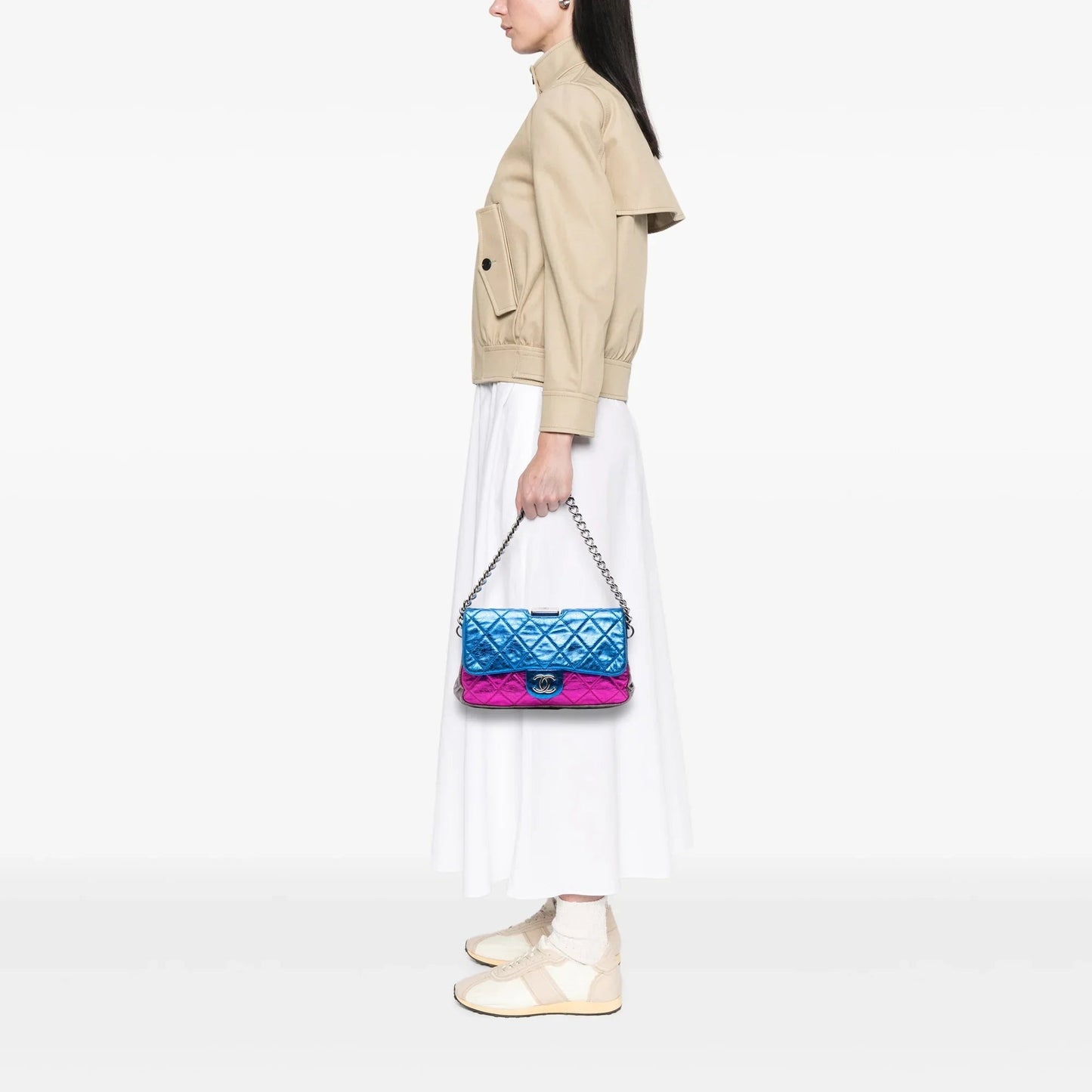 Multi Chanel Multicolor Metallic Quilted Calfskin Modern Chain Flap Frame Bag