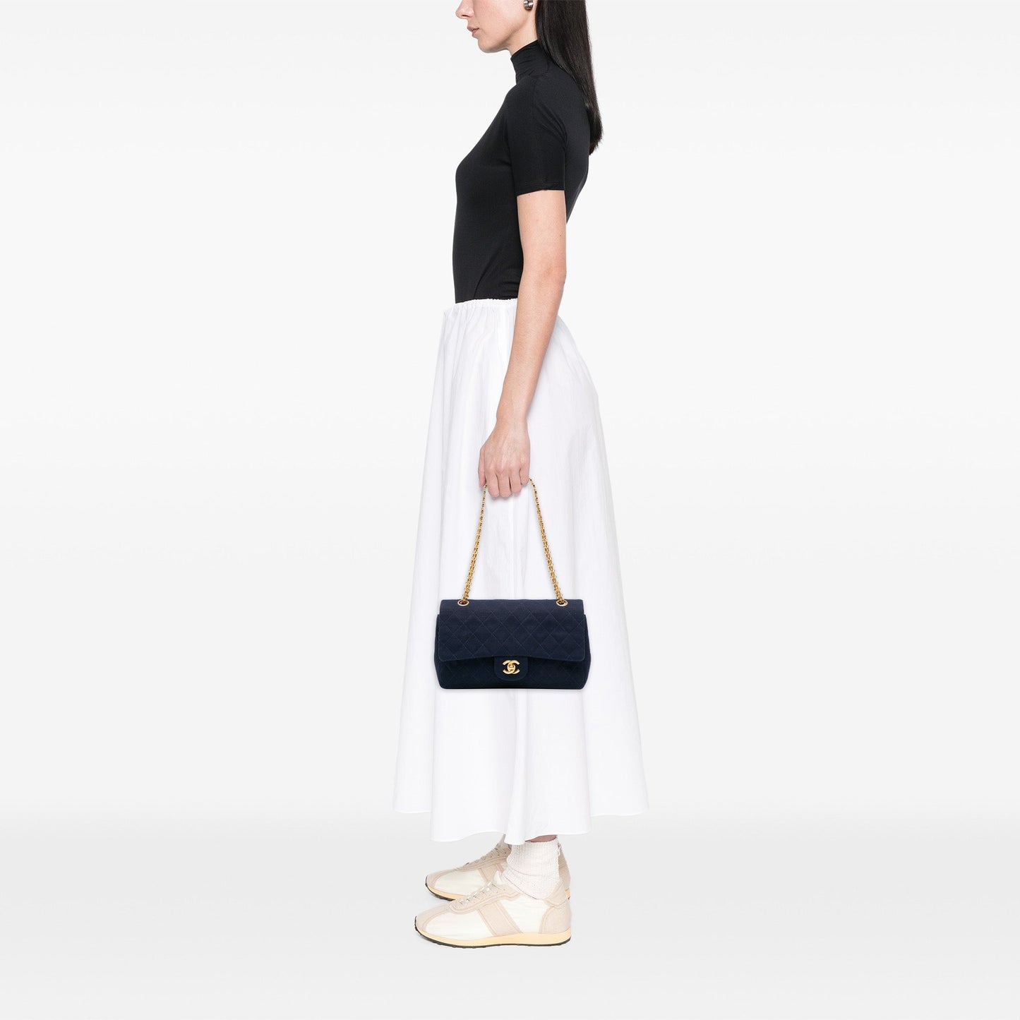 Blue Chanel Medium Classic Jersey Double Flap Shoulder Bag