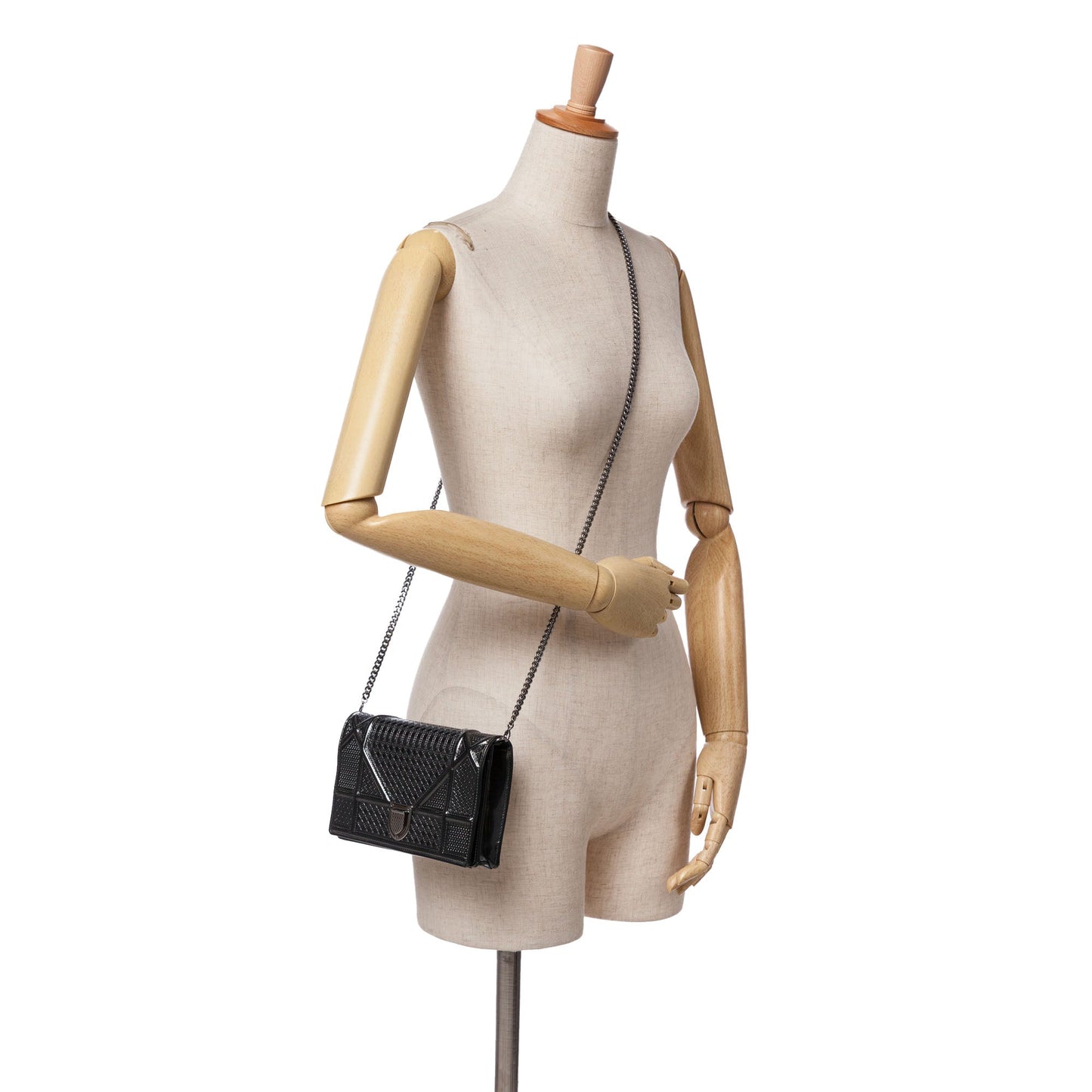 Black Dior Metallic Patent Microcannage Diorama Wallet on Chain Crossbody Bag