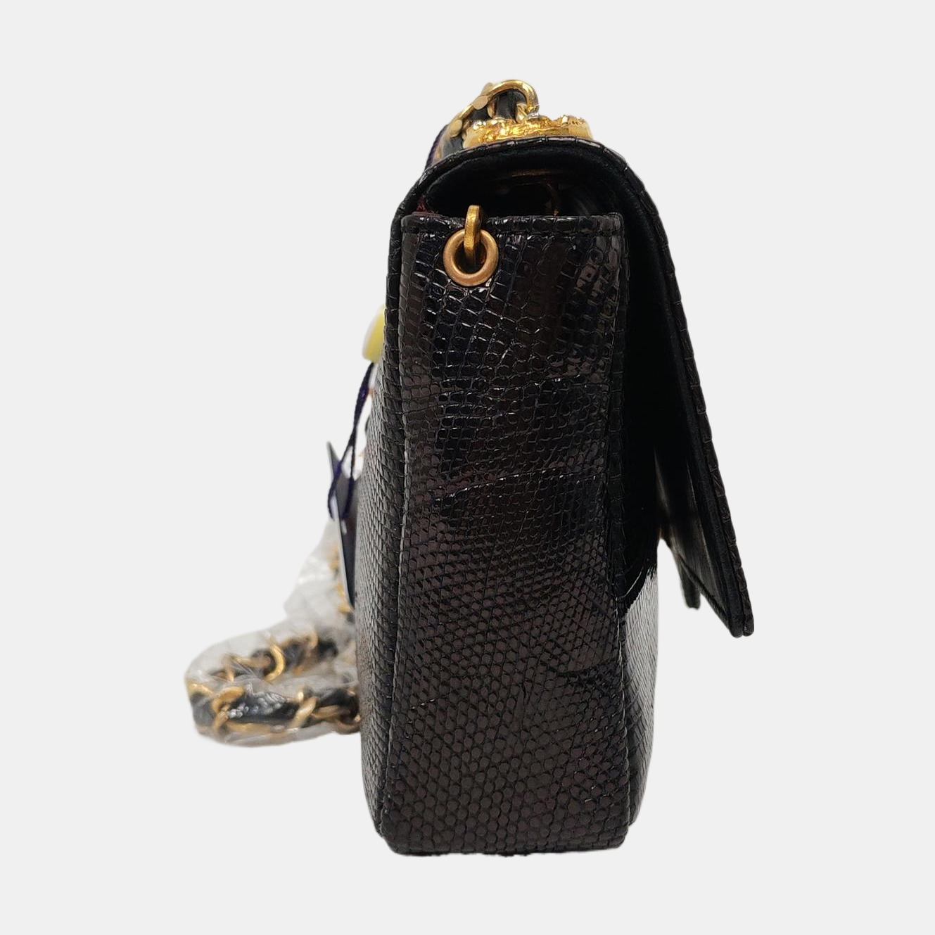 Chanel Classic Flap Mini Black Lizard Embossed Leather Gem CC Buckle Crossbody Bag