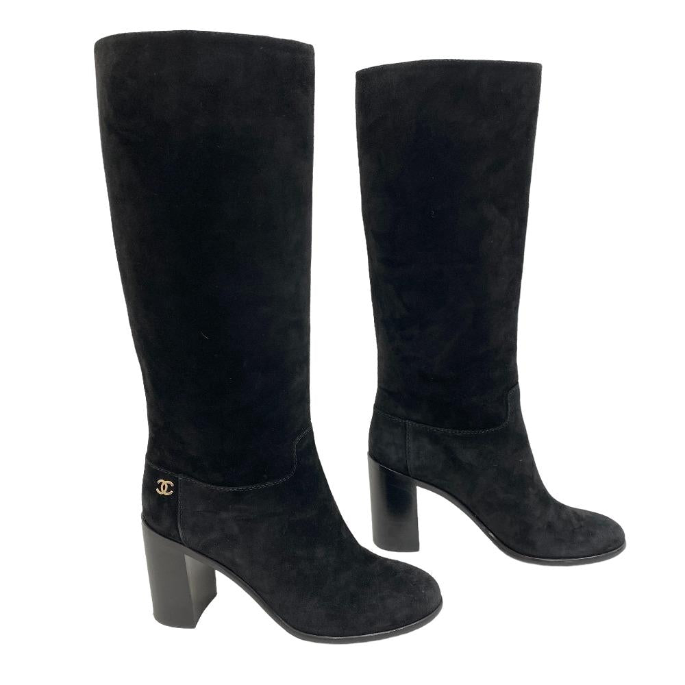 CHANEL boots suede black Knee-high boots COCO Mark Women 37 1/2 d