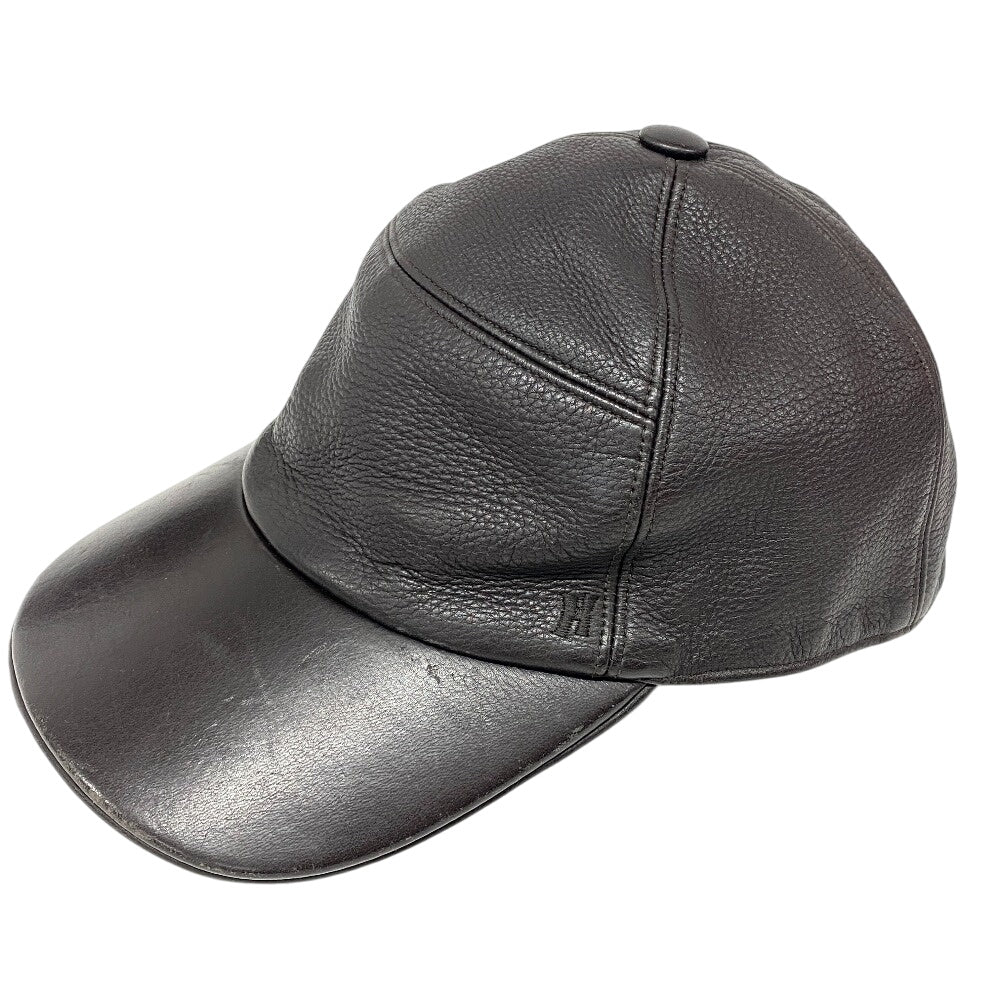 HERMES cap Calfskin Brown Logo embroidery mens d