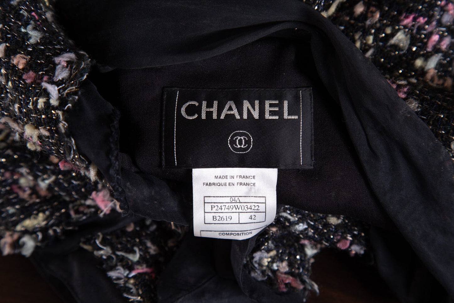 Chanel 2004 Black Multicolor Tweed Jacket SZ 42