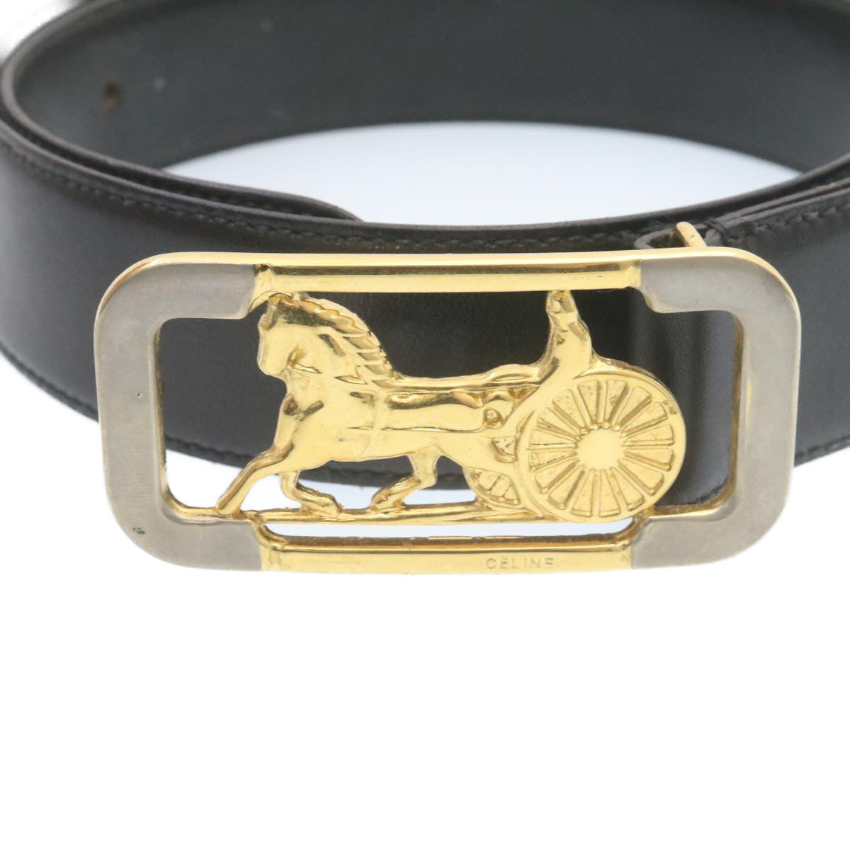 Luxury CELINE Horse Carriage Belt Leather Black Gold ar6038