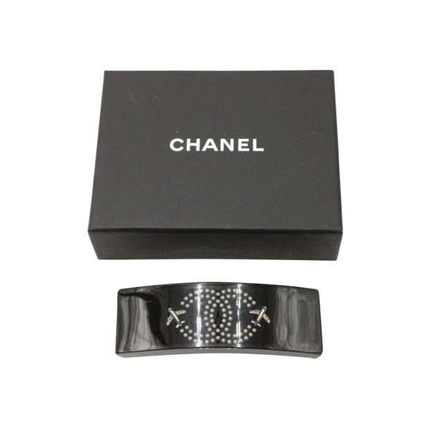 CHANEL Black Hair Barrette With Pearl Cc Logo & Gold Planes