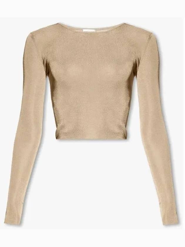 Luxury Saint Laurent Trending 2025 Rib Detail Viscose Crop Long Sleeve T-Shirt Beige