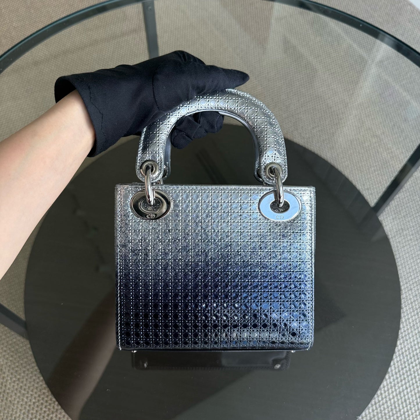 Dior Lady Mini - Micro Cannage Metallic Two-tone Silver Dark Blue Silver Hardware