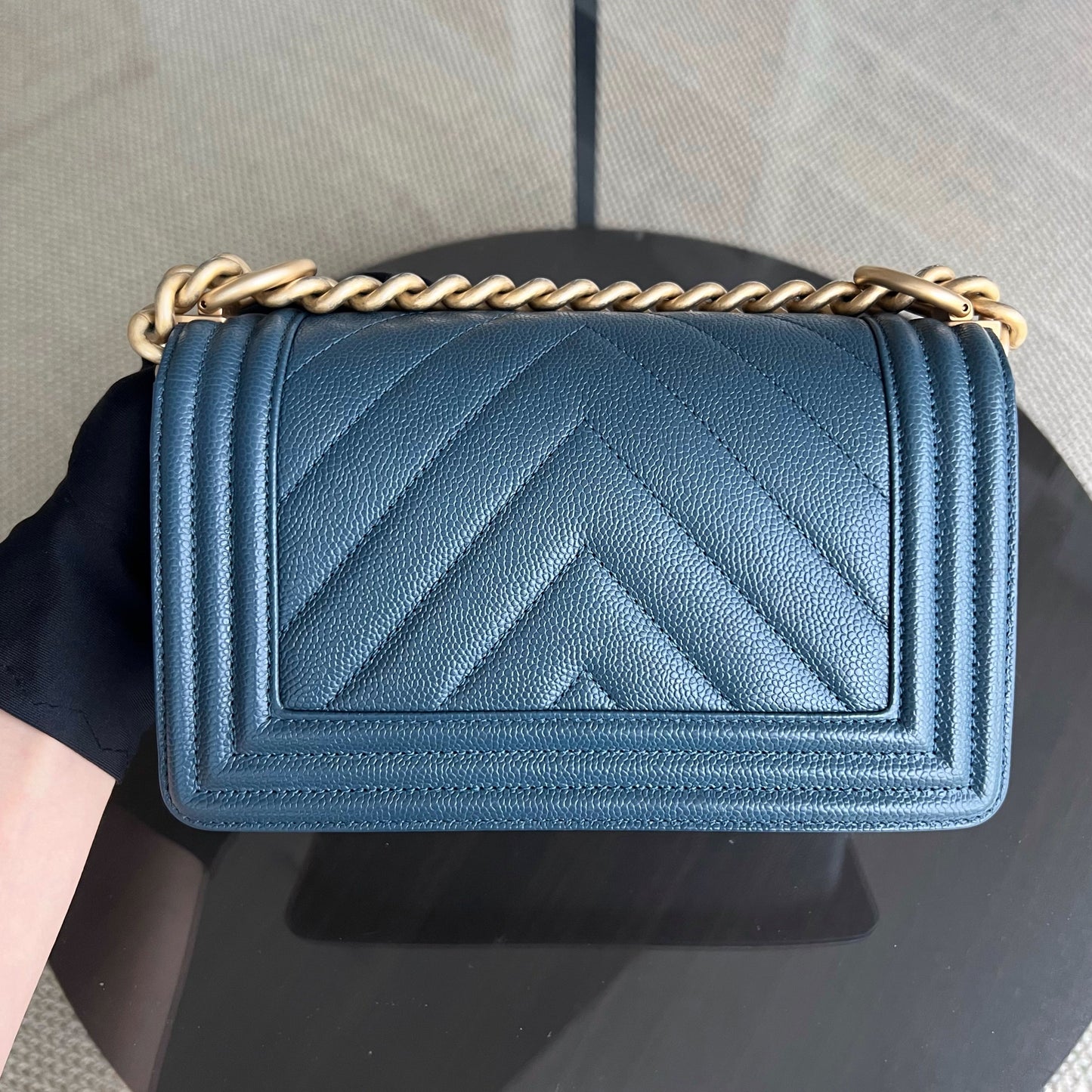 Chanel Boy Small - Caviar 20CM Chevron Grained Calfskin Dark Blue Leboy Gold Hardware Series 25