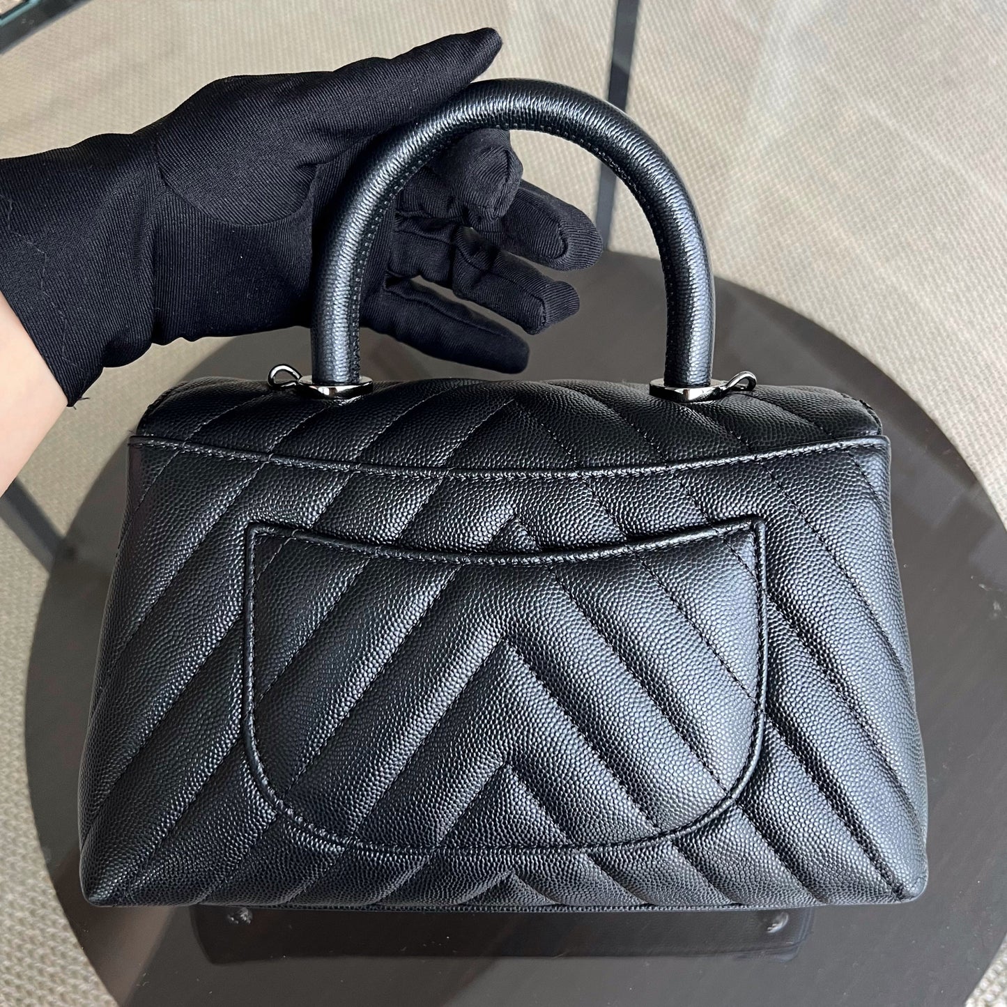 Chanel Coco Handle Small - Caviar Chevron Grained Calfskin Black Ruthenium Silver Hardware Series 28