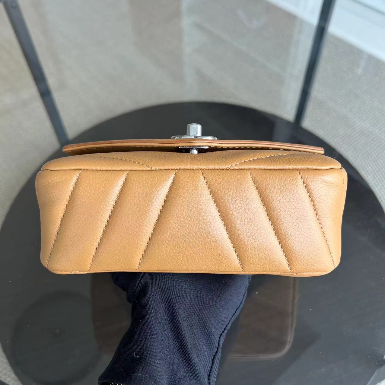 Chanel Mini Square Flap - Caviar V Stitch Chevron Seasonal Calfskin Light Brown SHW No 24