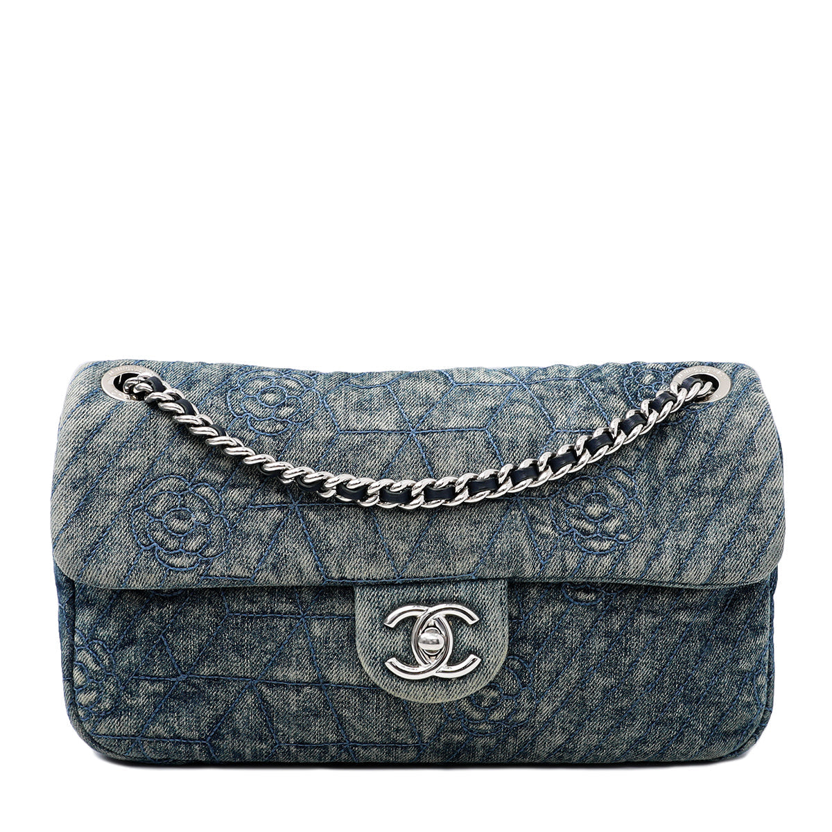 Chanel Blue Camellia Embroidered Denim Flap Bag