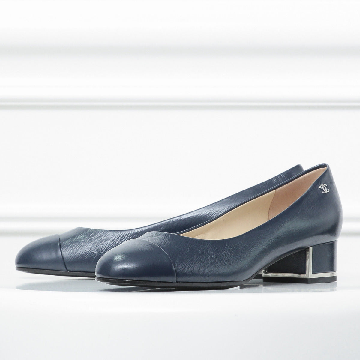 Chanel Blue Cap Toe Low Heel Pumps 37½