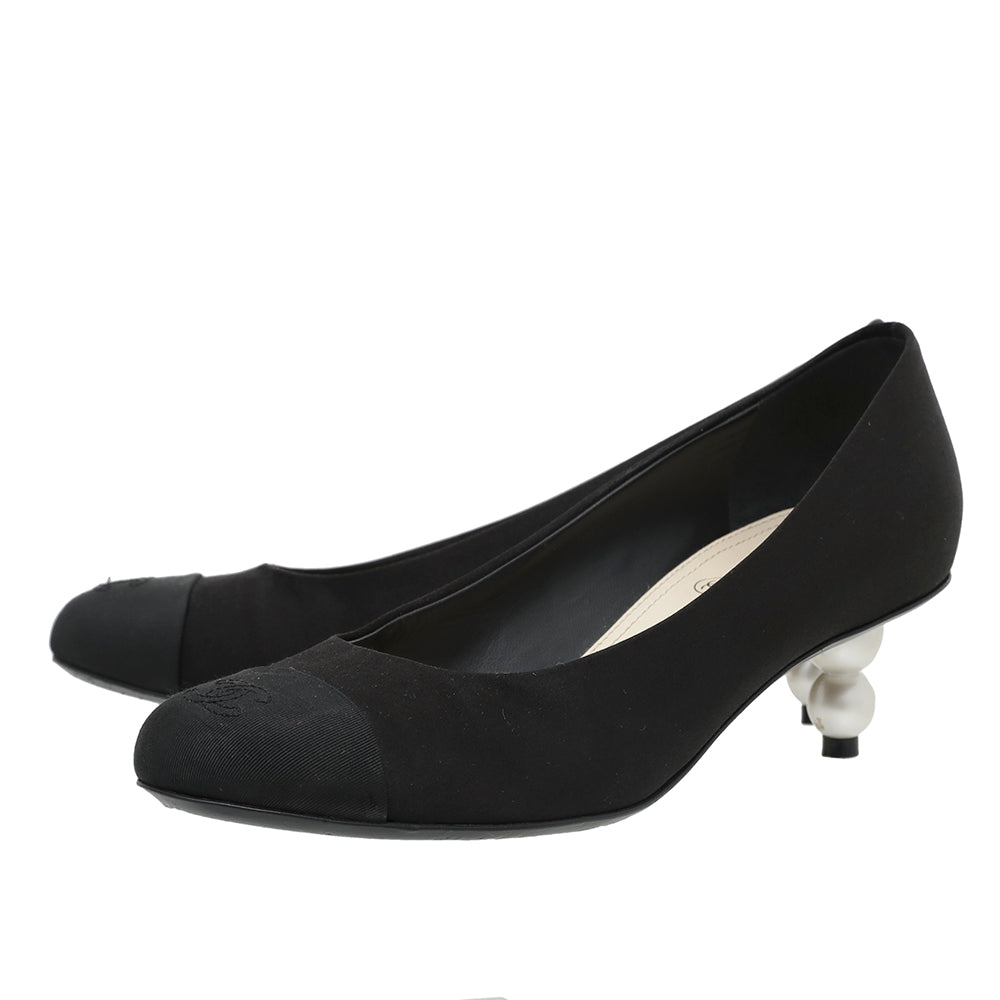 Chanel Black Satin CC Cap Toe Pearl Heel Pumps 37.5