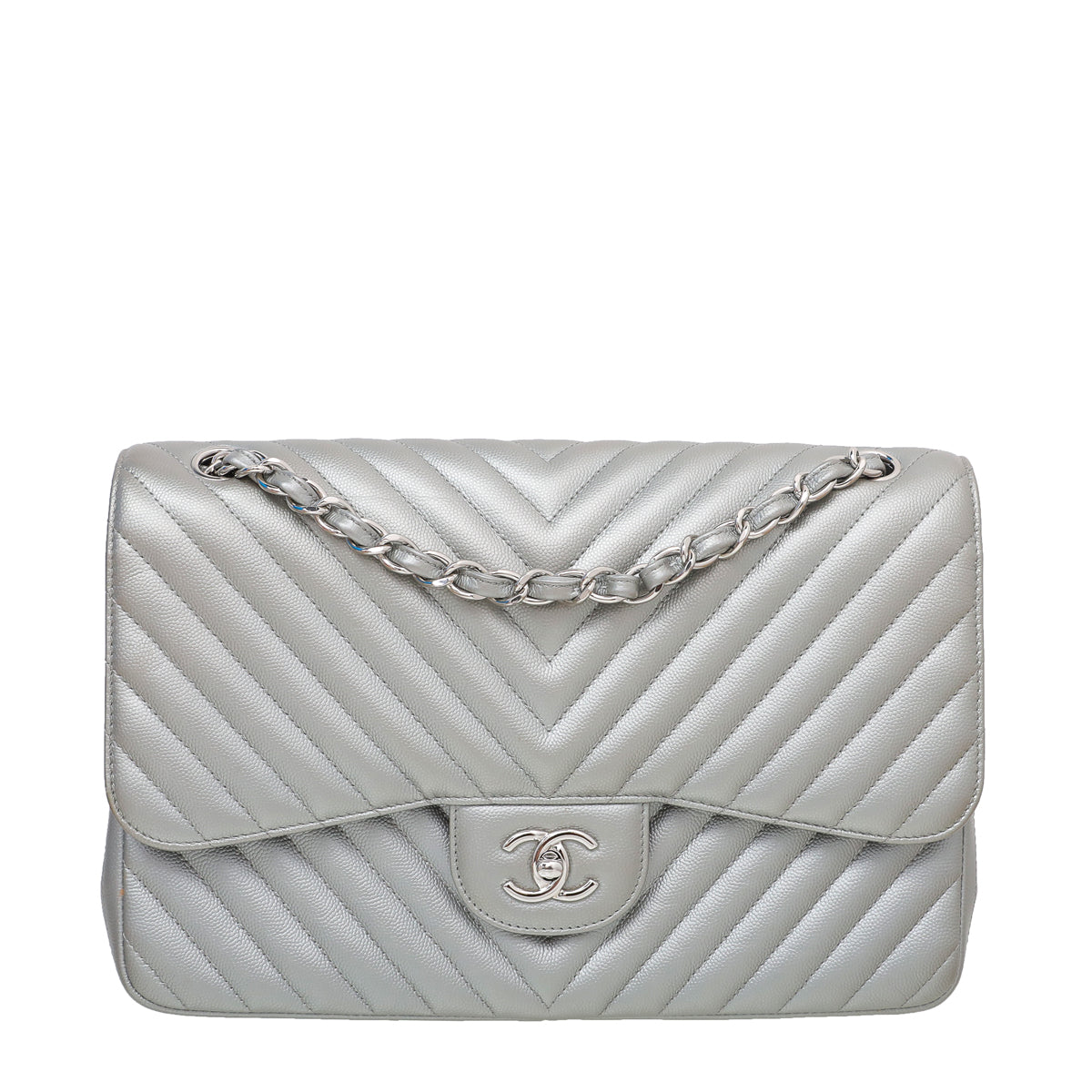 Chanel Metallic Grey CC Chevron Double Flap Jumbo Bag