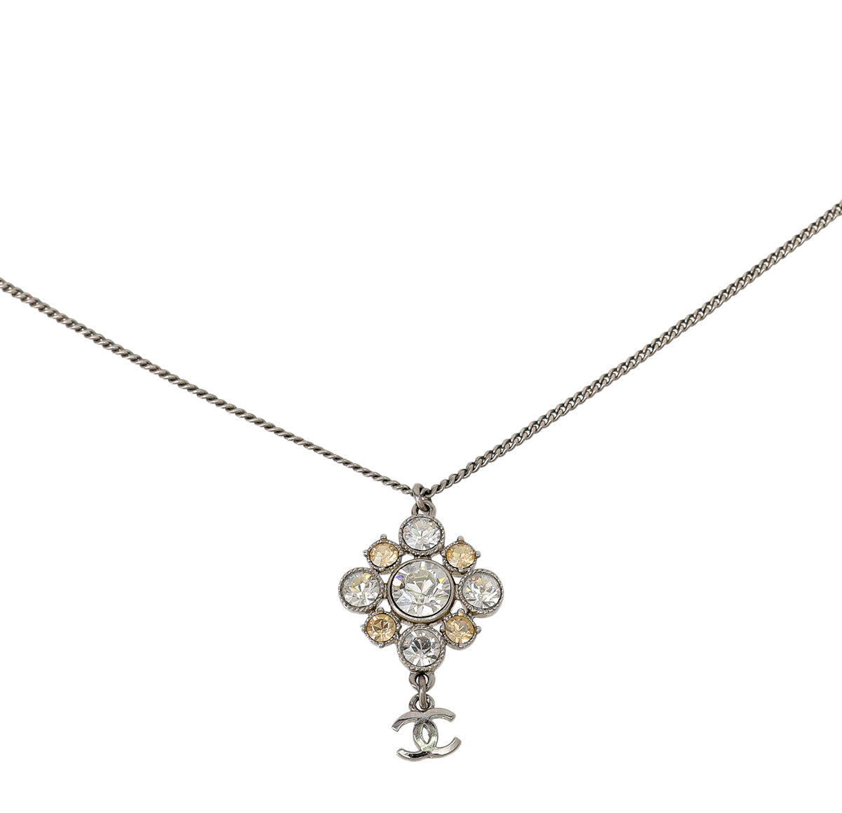 Chanel Silver CC Crystal Pendant Gripoix Chain Necklace