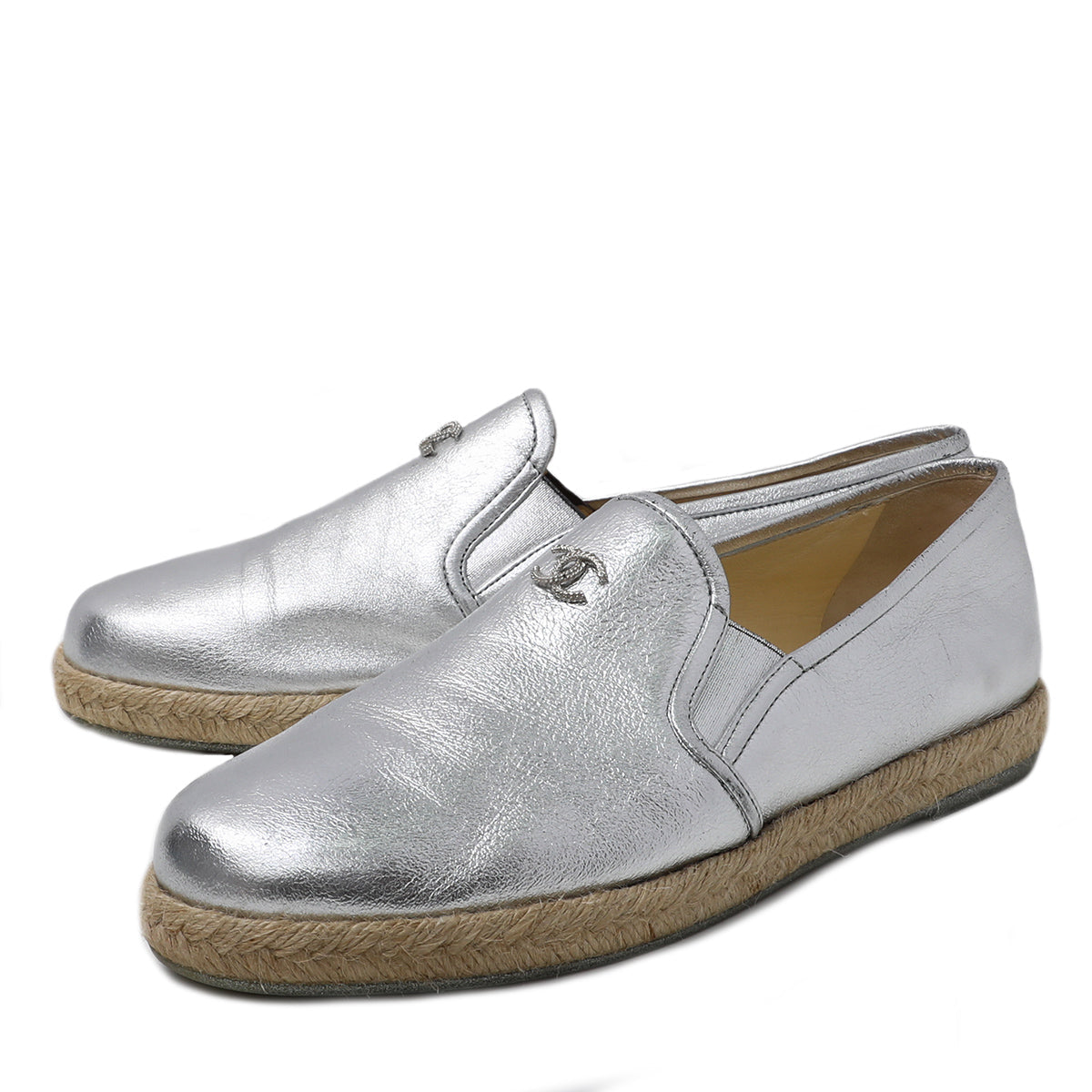 Chanel Silver CC Metallic Espadrille Flat 39