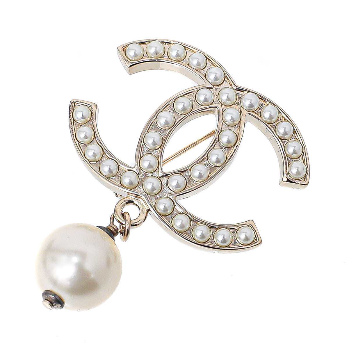 Chanel Light Gold Tone CC Drop Pearl Brooch
