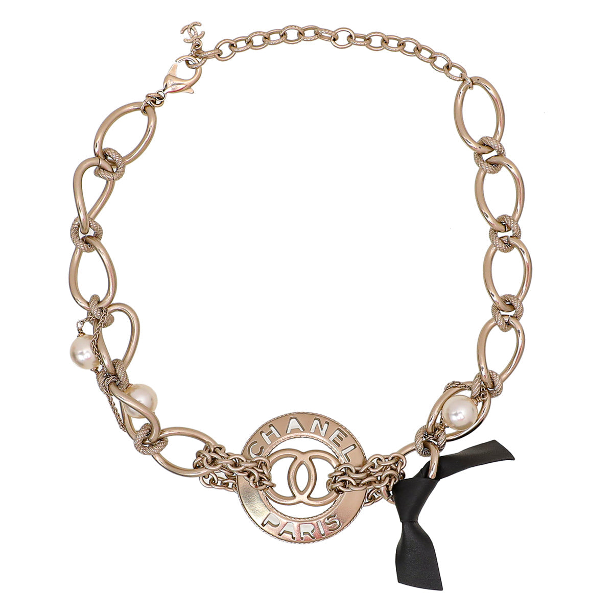 Chanel Light Gold CC Pearl Chain Link Choker Necklace