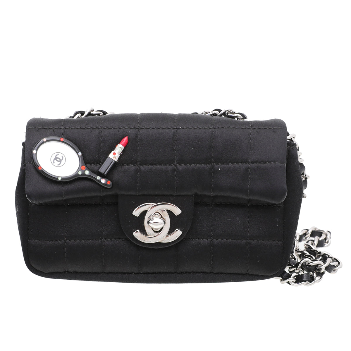 Chanel Black Satin CC Lipstick Mirror Charm Mini Bag
