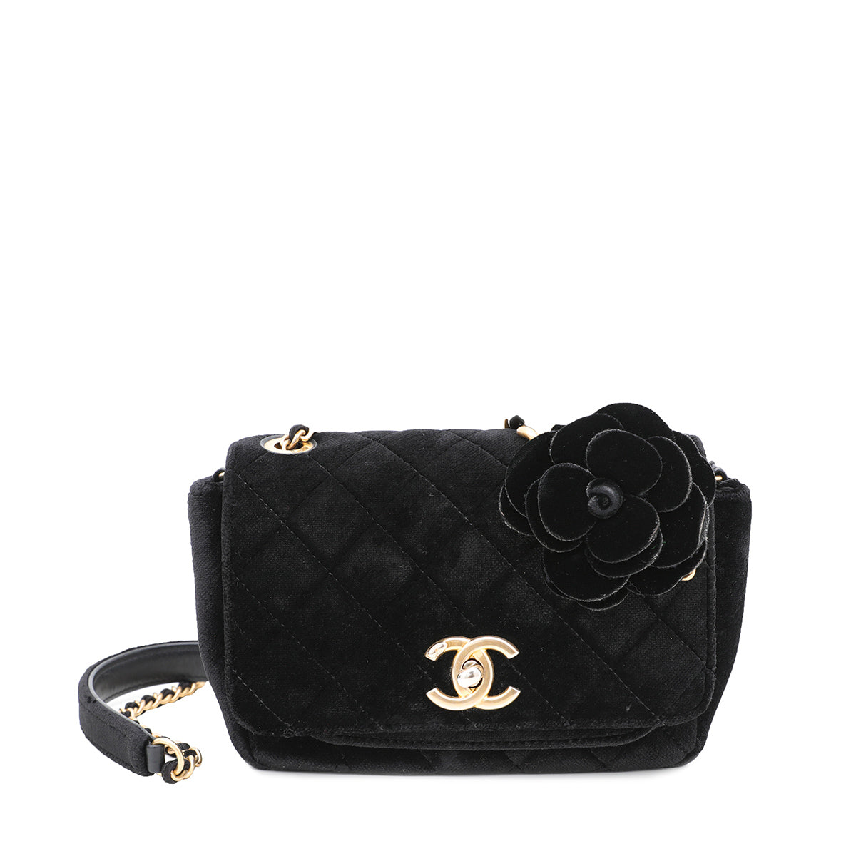 Chanel Black CC Velvet Camellia Flower Bag