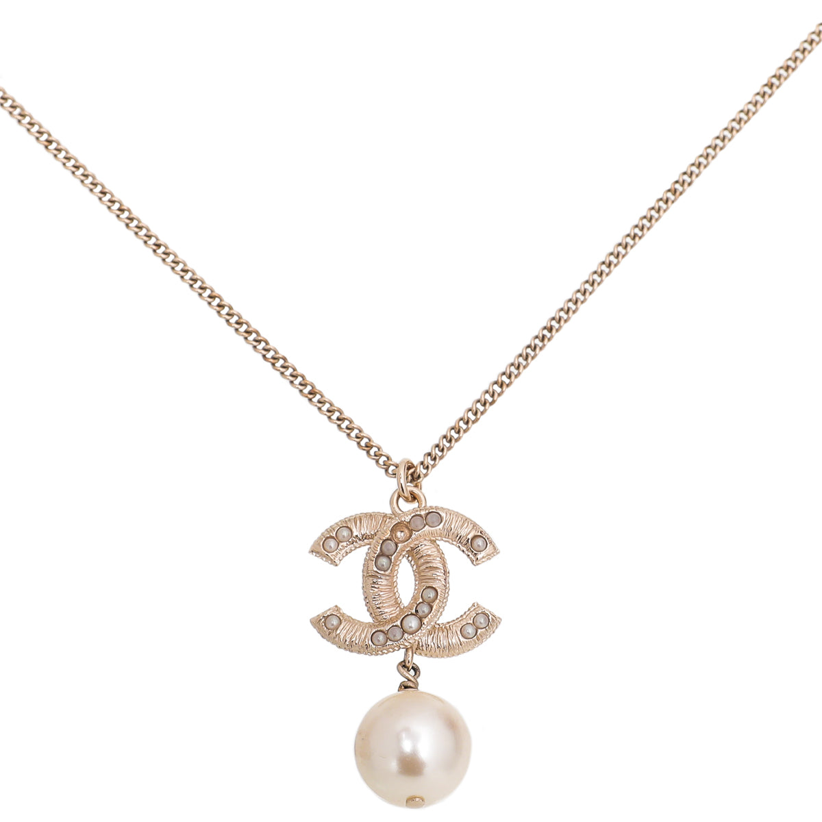 Chanel Gold Tone Faux Pearl CC Drop Necklace